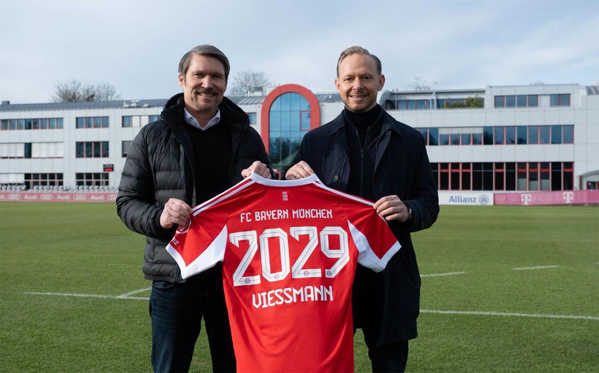 Von links: Thomas Heim, President Climate Solutions Europe bei Carrier, und Rouven Kasper, Vorstand Marketing und Vertrieb FC Bayern.